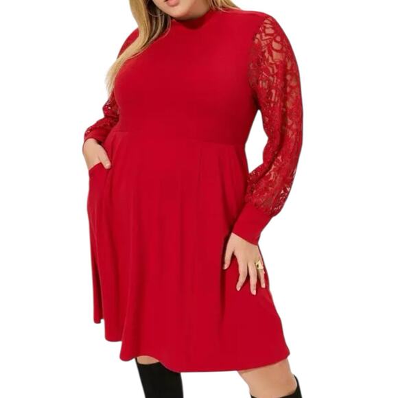 NWT Torrid Red At The Knee Jersey Lace Sleeve Mock Neck Skater Dress Size 1X - Picture 1 of 9
